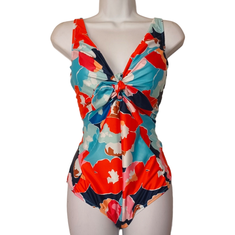 ALYNED TOGETHER Nautical Floral Blue Red Colorful Print One Piece Swimsuit L NWT